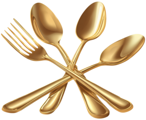 A set of gold, including three spoons and two forks crossed together, vector illustration with a white background