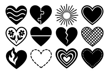 Black and White Artistic Heart Icon Collection - Decorative Sketch and Patterned Love Symbols - Hand Drawn Textured Heart Shapes - Doodle Style PNG with Transparent Background