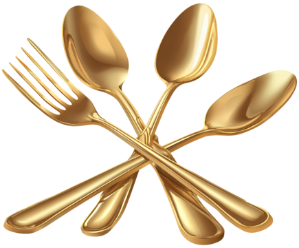 A set of gold, including three spoons and two forks crossed together, vector illustration with a white background