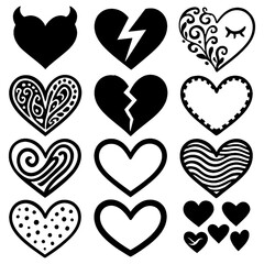 Black and White Artistic Heart Icon Collection - Decorative Sketch and Patterned Love Symbols - Hand Drawn Textured Heart Shapes - Doodle Style PNG with Transparent Background
