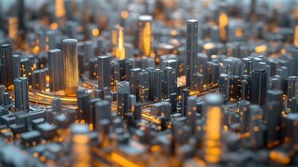 An abstract model of a futuristic city, showcasing a network of interconnected structures with glowing accents. The scene evokes a sense of technological advancement and urban development