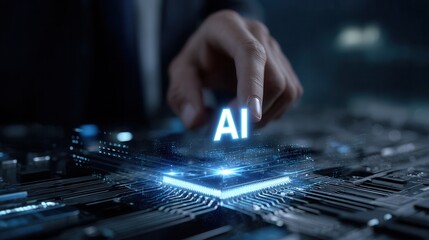 A hand placing a piece of AI with a luminous glow on a circuit board, symbolizing technological innovation. The image captures the essence of digital evolution.