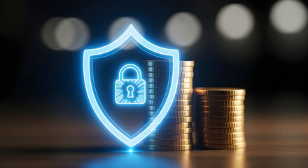 Secure Financial Future: Shield and Padlock Protecting Gold Coins, Investment Security