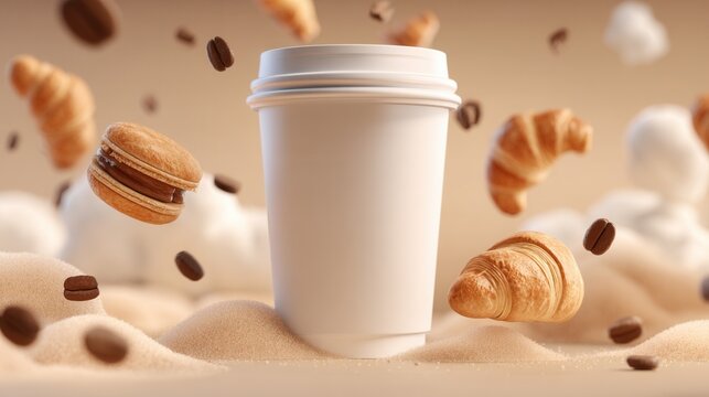 A delightful scene featuring a coffee cup with pastries and coffee beans, creating a charming ambiance. A visually appealing arrangement of a coffee cup with macarons, croissants, and coffee beans.
