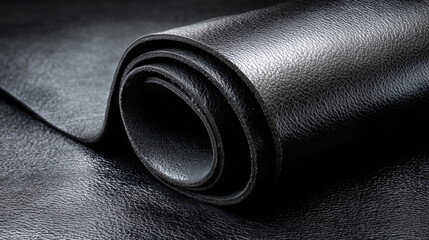 Black leather roll pure leather material deep black color textured surface luxury smooth elegant closeup studio