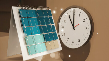 Color Swatch Stand with Analog Clock Showing Time in Room