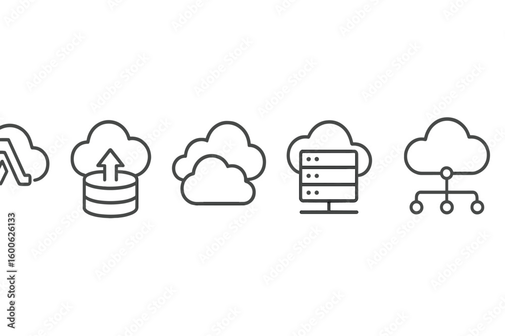 Aufkleber symbols representing cloud computing concepts including data storage, transfer, and network manageme