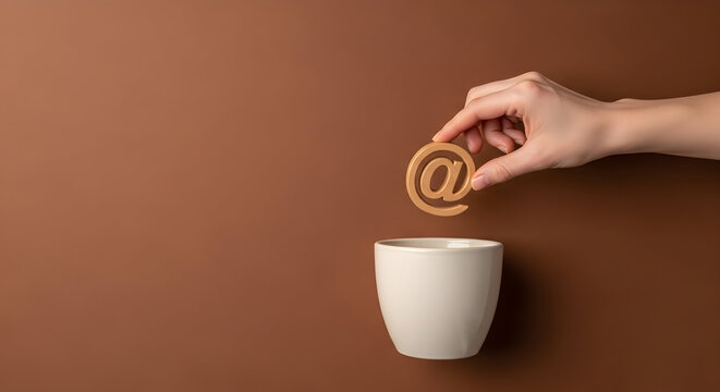 Hand putting at symbol over a cup of coffee, conceptual image of online communication.