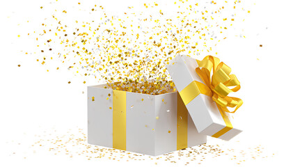 An open gift box with a yellow ribbon and confetti flying out, isolated on a transparent background