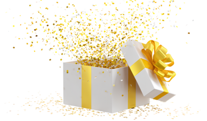 An open gift box with a yellow ribbon and confetti flying out, isolated on a transparent background