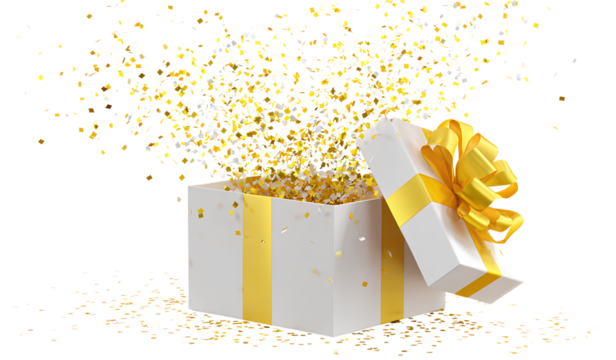 An open gift box with a yellow ribbon and confetti flying out, isolated on a transparent background