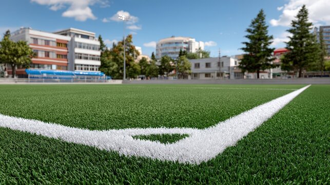 An Empty Football Field at School Surrounded by Modern Buildings