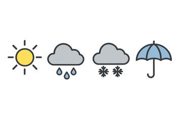 Weather symbols showing sun, rain, snow, and umbrella representing different conditions in a simple design