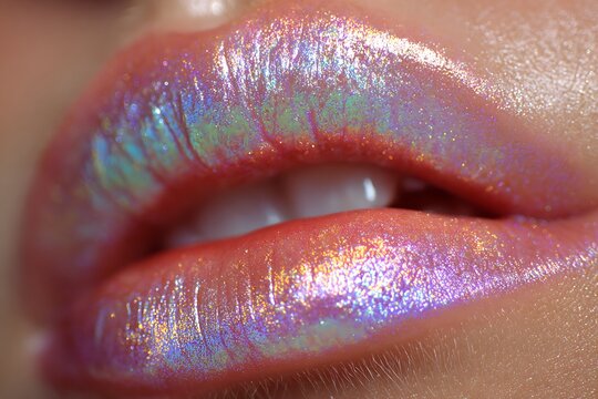 Capture irresistible allure with this stunning close-up of shimmering, iridescent lips that sparkle with vibrant, holographic gloss for ultimate glamour.