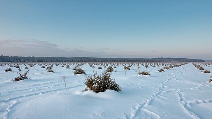Vast snowy terrain in a frigid northern winter with sparse shrubbery enduring the cold