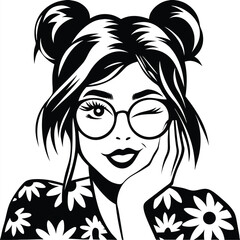 Winking woman with round glasses and floral shirt rests her face in monochrome
