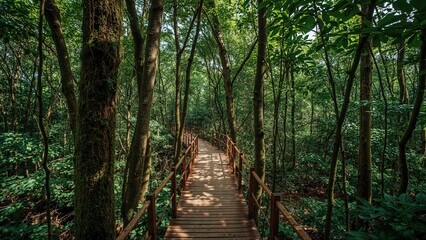 Obraz premium Wooden Trail through Dense Woodland