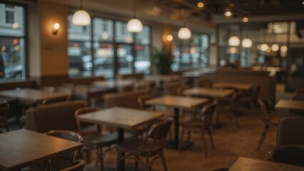 Gently Blurred Scene of a Cozy Cafe Ambiance with Warm Illumination and Empty Chairs Inviting Rest and Dialogue in a Metropolitan Context. Defocused Photograph.