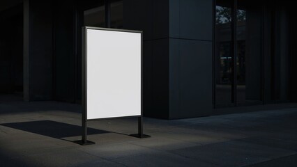 Illuminated empty street sign positioned by building entrance, perfect for custom design or logo placement