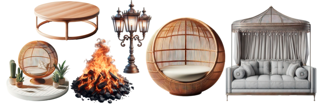 Set PNG isolated of Outdoor, daybed, designed with a modern, simplistic flair, offering comfort and style in a loft-inspired setting.