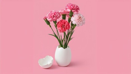 Fototapeta premium Decorative arrangement of festive carnations in a green-stemmed bouquet set in a cracked white eggshell vase on a pink background, ideal for gifting or decoration