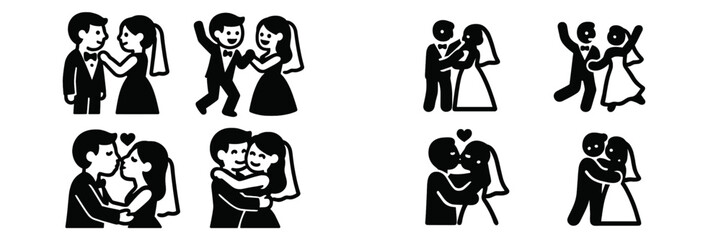 Couples enjoying various romantic moments in simple illustrations celebrating love and togetherness at a wedding event