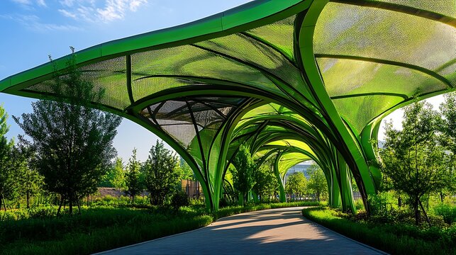 Organic-shaped structure with curved steel beams and tensile mesh in green zone - Powered by Adobe