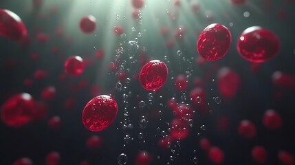 Red organic cells are suspended in a dark aquatic environment