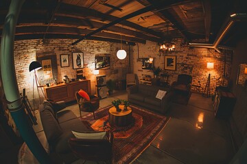 Cozy and inviting basement living room with vintage furniture and exposed brick walls, home design