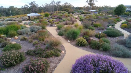 Obraz premium A landscaped garden with winding pathways and various drought-tolerant plants.