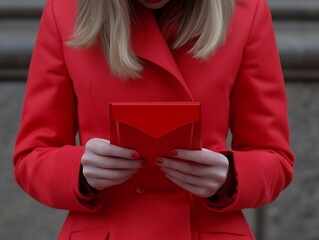 A woman holds a red purse while wearing a red coat