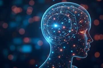 Digital Human Head with Futuristic Glowing Design and Particle Effect