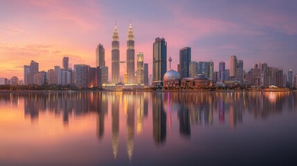 Fototapeta premium A stunning cityscape reflected on the calm water during a sunset, showcasing modern architecture with a warm, inviting ambiance