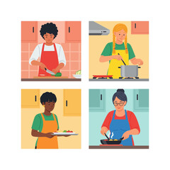 cooking at kitchen  - Flat Style 2D Vector Illustration of Everyday Life Scene