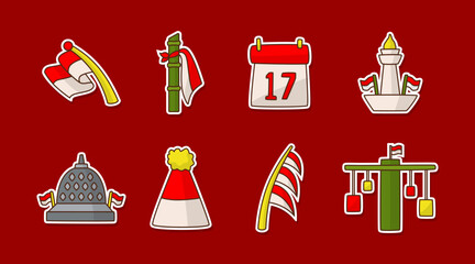 Indonesia Independence Day sticker set. Hand drawn Indonesia themed clip art collection