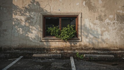 Aged building surface with paired ventilation windows adjacent to a waterlogged parking area after rainfall.