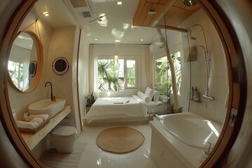 Bright modern bathroom and bedroom design with bathtub, sink, and natural light for relaxation