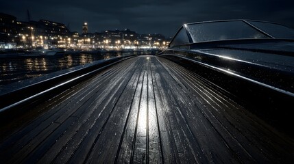 Wooden pier leads to city lights across water at night.