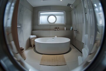 Modern bathroom interior with bathtub, shower, and window for relaxation and wellness