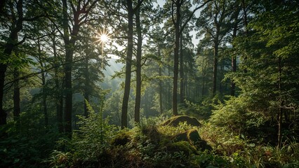 Early light glowing over dense woodland, highlighting plants and trees, nature's tranquility, spiritual wilderness