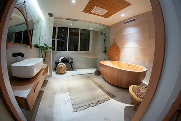 Modern bathroom interior with wooden bathtub, sink, and decor for spa-like relaxation