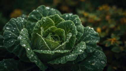Selective sharpness on moisture drops resting on fresh garden leaves
