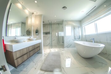 Bright modern bathroom interior with marble tile, bathtub, and vanity. Luxury home design