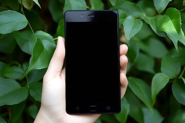 A black smartphone device held with leaves in the background