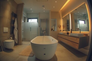 Elegant bathroom interior with bathtub and modern fixtures in a luxury home, real estate