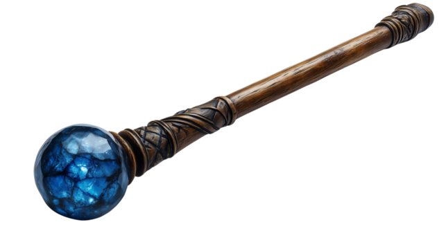 Powerful magician’s staff with raw wood structure and radiant multifaceted blue gem for fantasy use on transparent background
