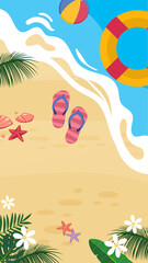 A vibrant top-down illustration of a tropical beach with flip-flops and a lifebuoy by the sea. A perfect summer holiday background.
