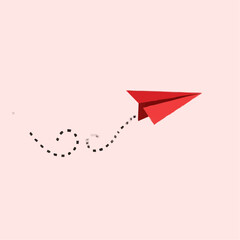 Red paper airplane flying with dotted trail on pink background  
