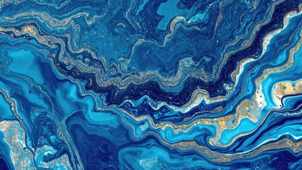 Fluid art with gold metallic liquid and blue wave marble effect