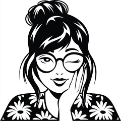 Winking cartoon woman with round glasses poses in a floral shirt in black and white